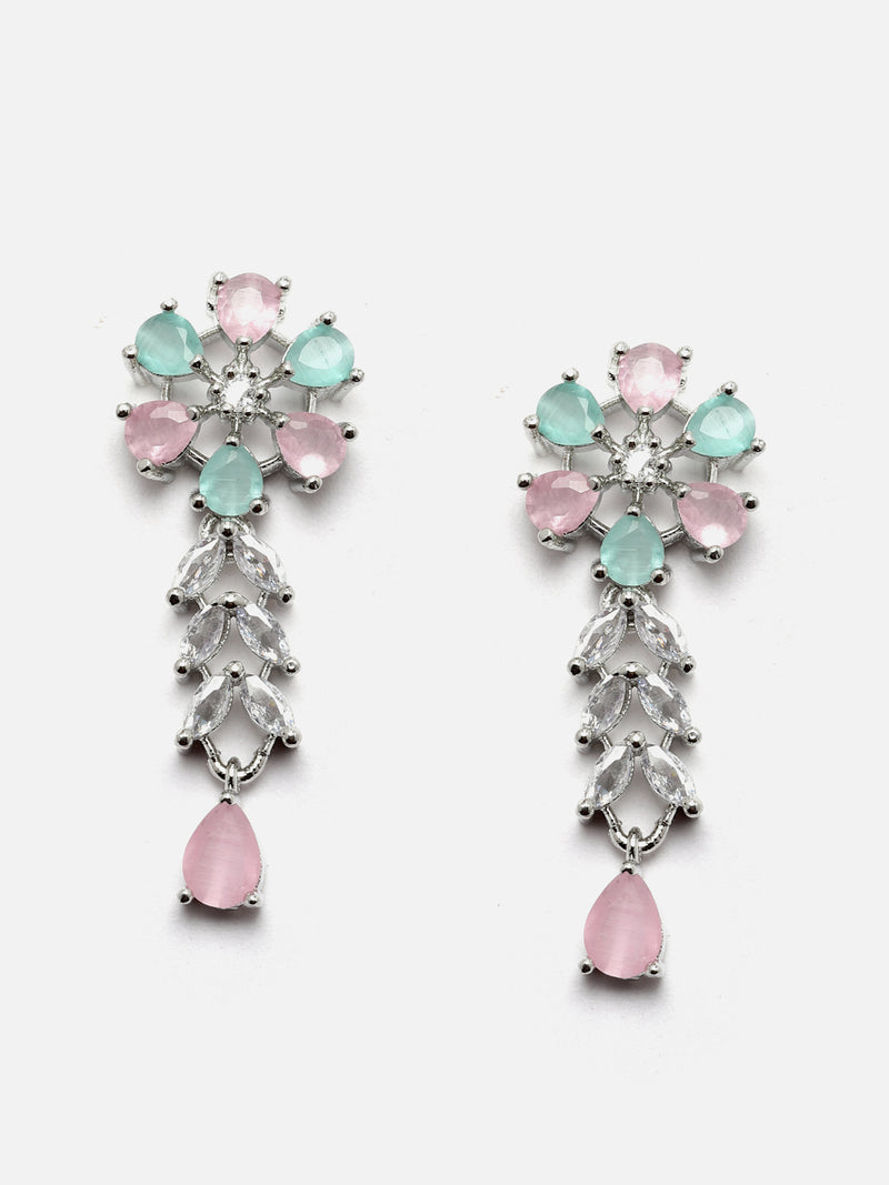 Rhodium-Plated Silver Toned Flower Sea Green & Pink American Diamond Studded Necklace with Earrings Jewellery set
