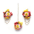 Gold-Plated Multi-Colour Floral White Pearls Beaded Haldi & Mehendi Jewellery Set with Maang Tikka & Haathphool Ring