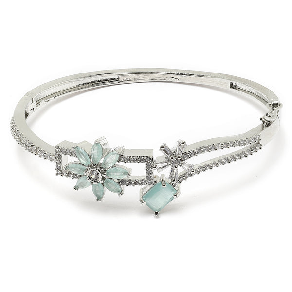 Rhodium-Plated Silver Toned Sea Green American Diamond Studded Bracelet