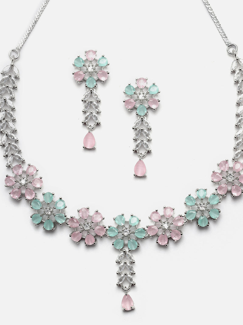 Rhodium-Plated Silver Toned Flower Sea Green & Pink American Diamond Studded Necklace with Earrings Jewellery set
