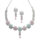 Rhodium-Plated Silver Toned Flower Sea Green & Pink American Diamond Studded Necklace with Earrings Jewellery set