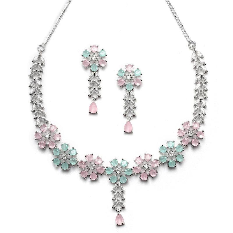 Rhodium-Plated Silver Toned Flower Sea Green & Pink American Diamond Studded Necklace with Earrings Jewellery set