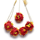 Gold-Plated Red-Yellow Floral White Pearls Beaded Haldi & Mehendi Jewellery Set with Maang Tikka & Haathphool