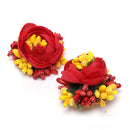 Gold-Plated Red-Yellow Floral White Pearls Beaded Haldi & Mehendi Jewellery Set with Maang Tikka & Haathphool
