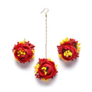 Gold-Plated Red-Yellow Floral White Pearls Beaded Haldi & Mehendi Jewellery Set with Maang Tikka & Haathphool