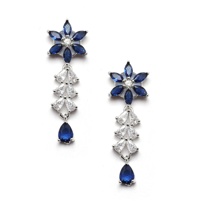 Rhodium-Plated Silver Toned Star Navy Blue American Diamond Studded Necklace Earrings Jewellery Set