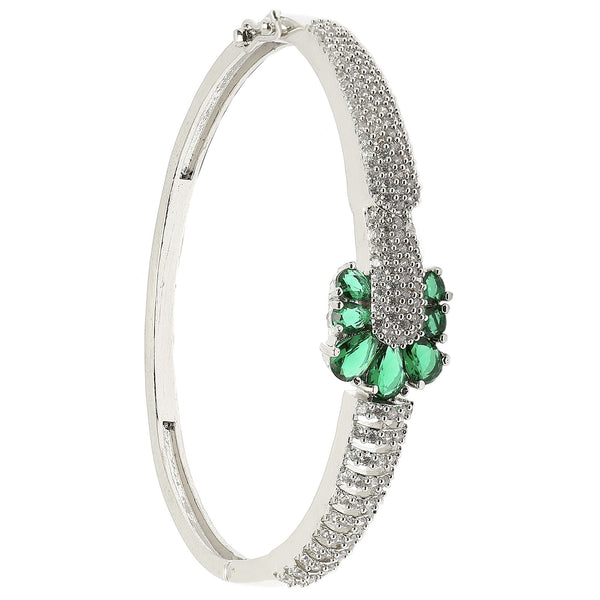 Rhodium-Plated Silver Toned Petal Shaped Green American Diamond Studded Bracelet