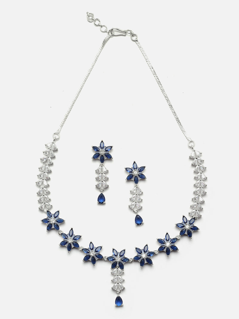 Rhodium-Plated Silver Toned Star Navy Blue American Diamond Studded Necklace Earrings Jewellery Set