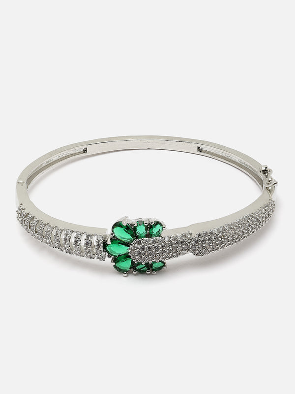 Rhodium-Plated Green American Diamond Studded Floral Kada Bracelet