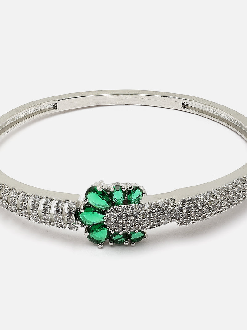 Rhodium-Plated Green American Diamond Studded Floral Kada Bracelet