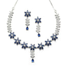 Rhodium-Plated Silver Toned Star Navy Blue American Diamond Studded Necklace Earrings Jewellery Set