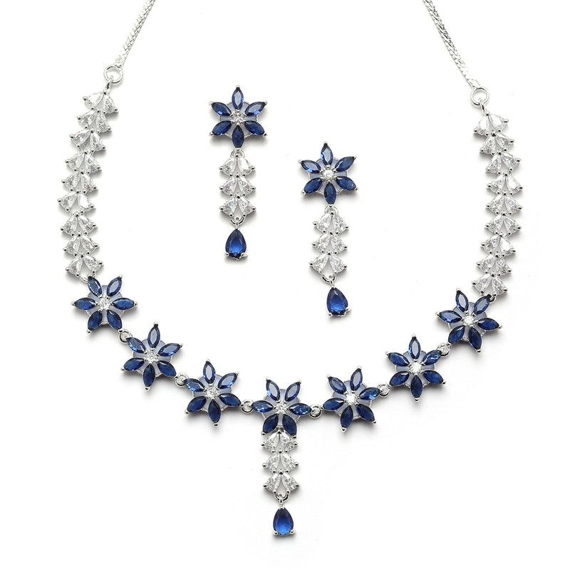Rhodium-Plated Silver Toned Star Navy Blue American Diamond Studded Necklace Earrings Jewellery Set