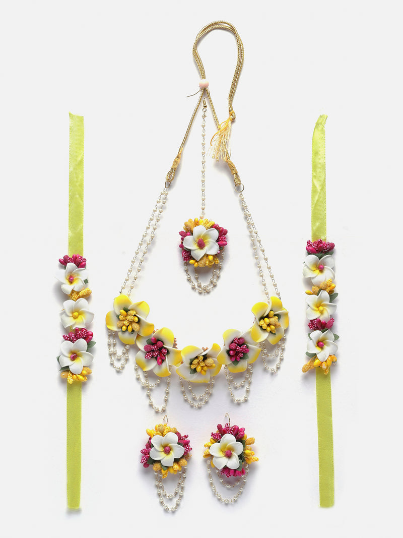 Gold-Plated Pink-White-Yellow Floral White Pearls Beaded Haldi & Mehendi Jewellery Set with Maang Tikka & Haathphool