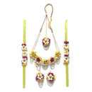 Gold-Plated Pink-White-Yellow Floral White Pearls Beaded Haldi & Mehendi Jewellery Set with Maang Tikka & Haathphool