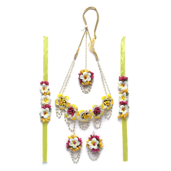 Gold-Plated Pink-White-Yellow Floral White Pearls Beaded Haldi & Mehendi Jewellery Set with Maang Tikka & Haathphool
