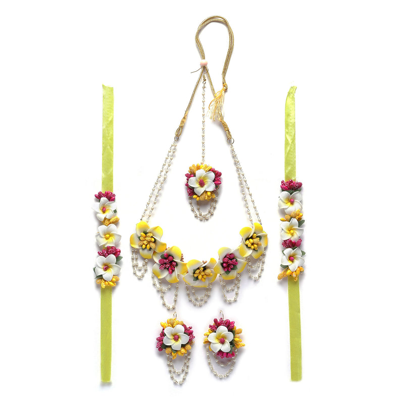 Gold-Plated Pink-White-Yellow Floral White Pearls Beaded Haldi & Mehendi Jewellery Set with Maang Tikka & Haathphool