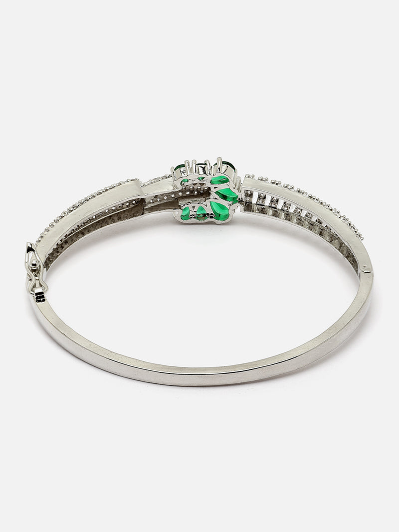 Rhodium-Plated Green American Diamond Studded Floral Kada Bracelet