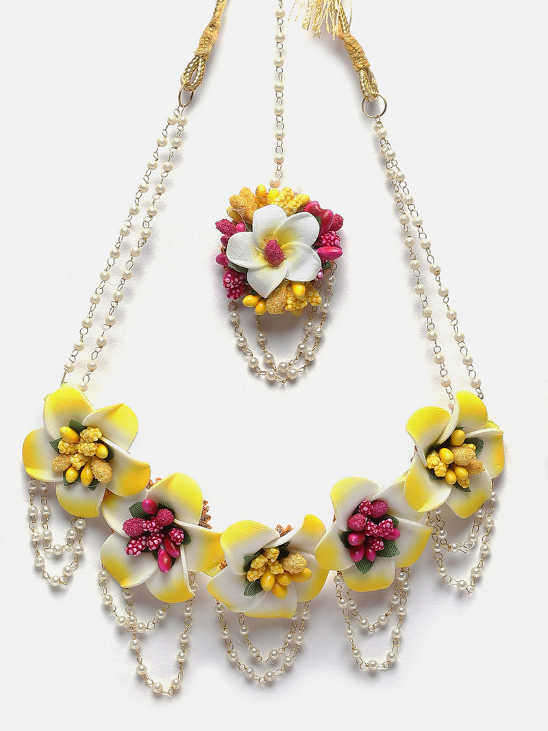 Gold-Plated Pink-White-Yellow Floral White Pearls Beaded Haldi & Mehendi Jewellery Set with Maang Tikka & Haathphool