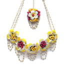 Gold-Plated Pink-White-Yellow Floral White Pearls Beaded Haldi & Mehendi Jewellery Set with Maang Tikka & Haathphool