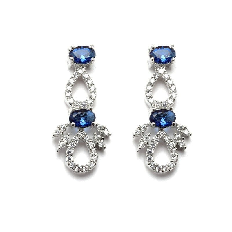 Rhodium-Plated Silver Toned Navy Blue American Diamond Studded Necklace with Earrings Jewellery Set