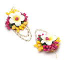 Gold-Plated Pink-White-Yellow Floral White Pearls Beaded Haldi & Mehendi Jewellery Set with Maang Tikka & Haathphool
