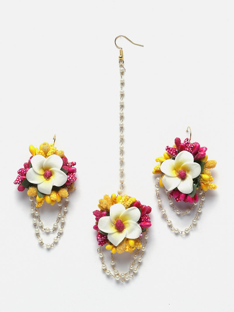 Gold-Plated Pink-White-Yellow Floral White Pearls Beaded Haldi & Mehendi Jewellery Set with Maang Tikka & Haathphool