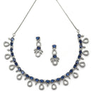 Rhodium-Plated Silver Toned Navy Blue American Diamond Studded Necklace with Earrings Jewellery Set