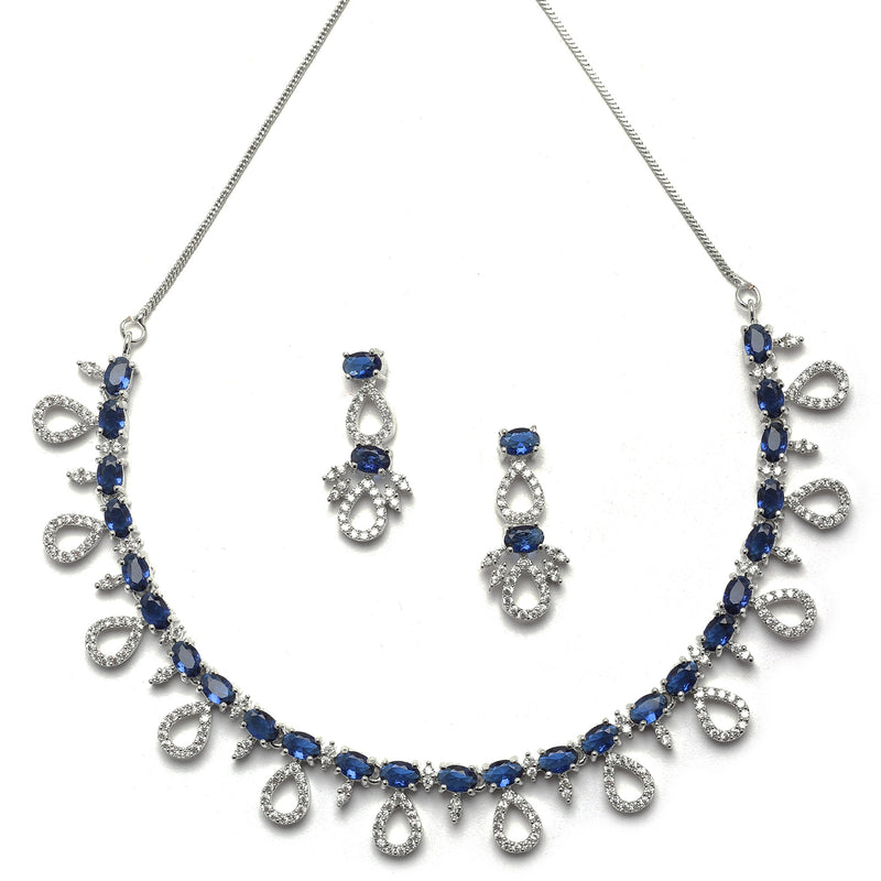Rhodium-Plated Silver Toned Navy Blue American Diamond Studded Necklace with Earrings Jewellery Set