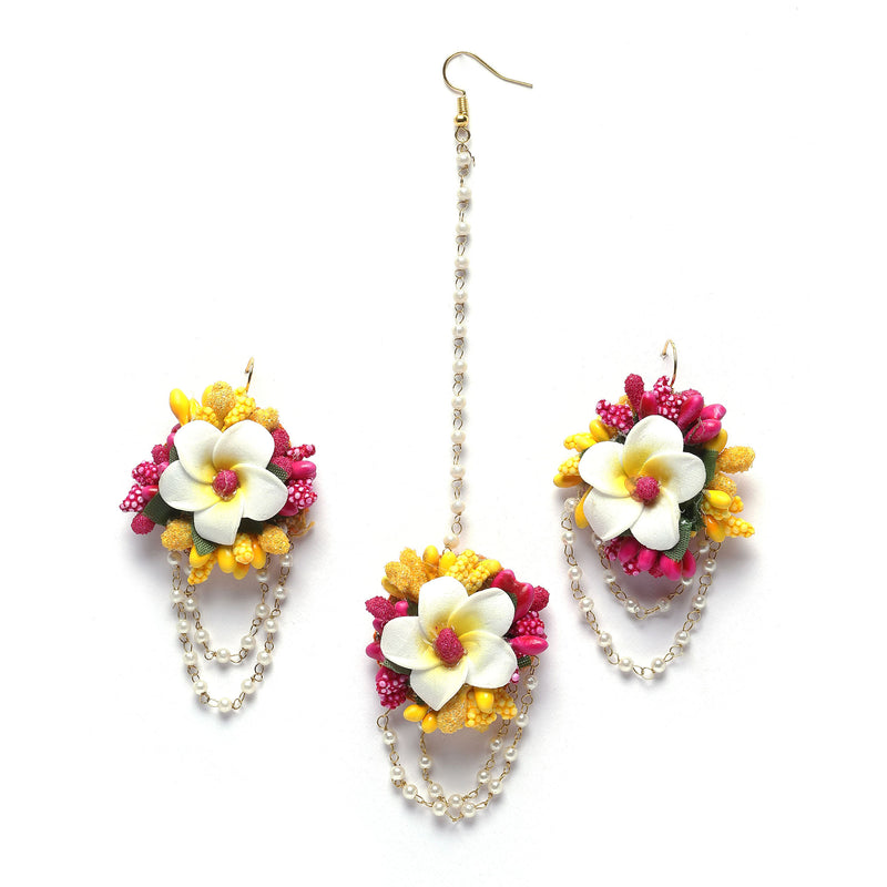 Gold-Plated Pink-White-Yellow Floral White Pearls Beaded Haldi & Mehendi Jewellery Set with Maang Tikka & Haathphool
