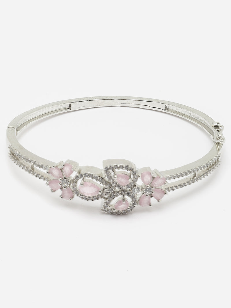 Rhodium-Plated Pink American Diamond Studded Leaf Shaped Kada Bracelet