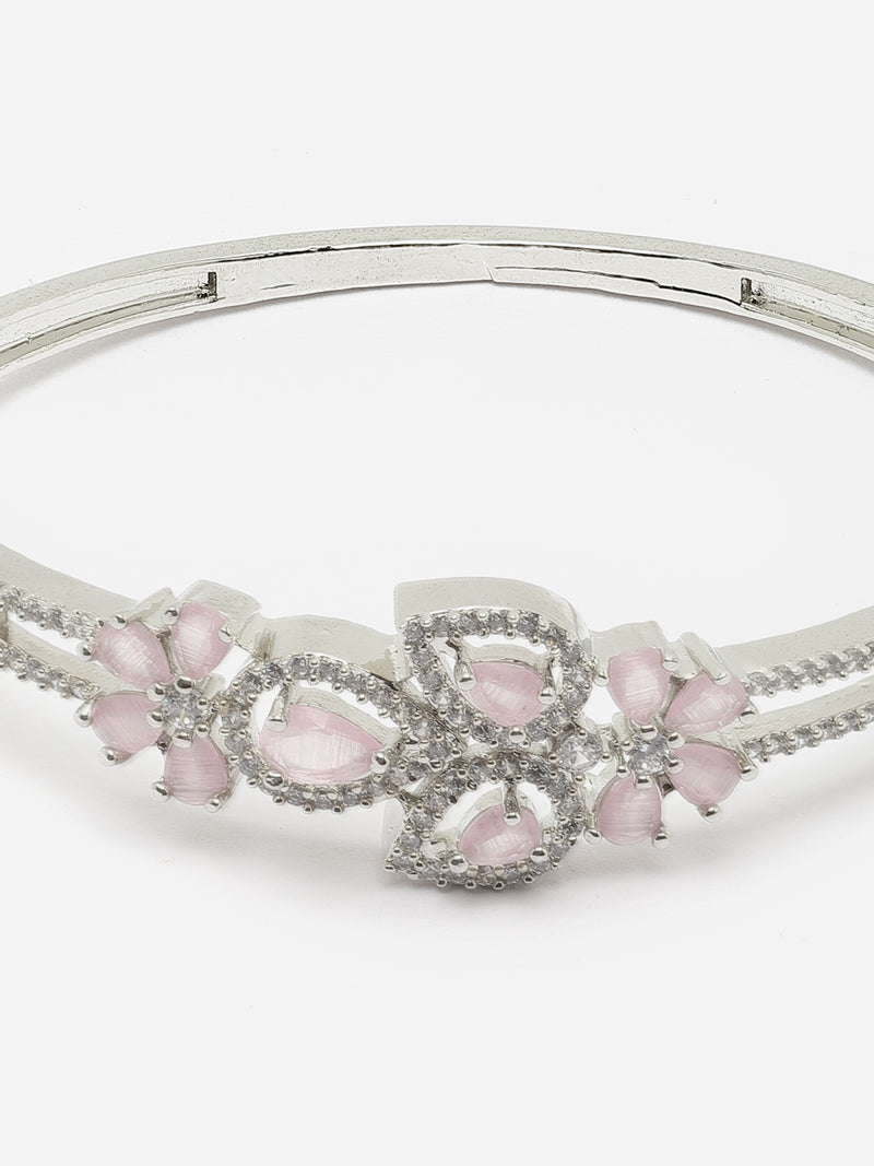 Rhodium-Plated Pink American Diamond Studded Leaf Shaped Kada Bracelet