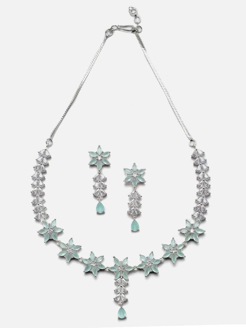 Rhodium-Plated Silver Toned Star Sea Green American Diamond Studded Necklace Earrings Jewellery Set