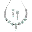 Rhodium-Plated Silver Toned Star Sea Green American Diamond Studded Necklace Earrings Jewellery Set