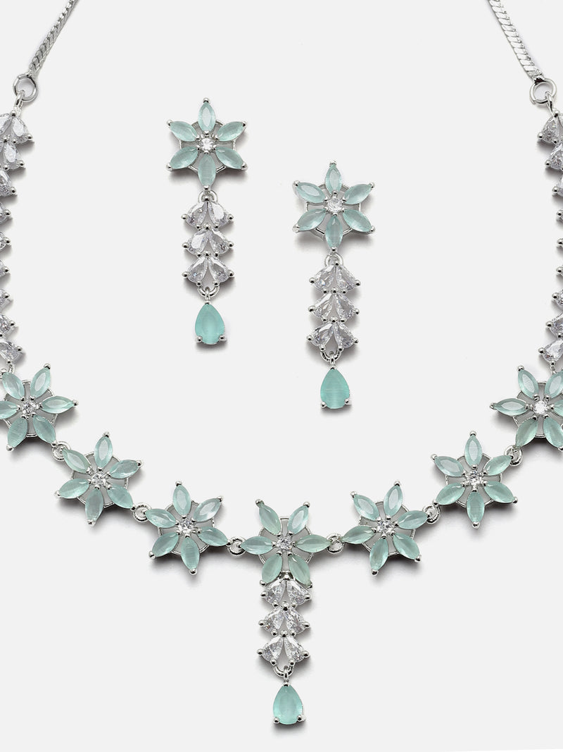 Rhodium-Plated Silver Toned Star Sea Green American Diamond Studded Necklace Earrings Jewellery Set