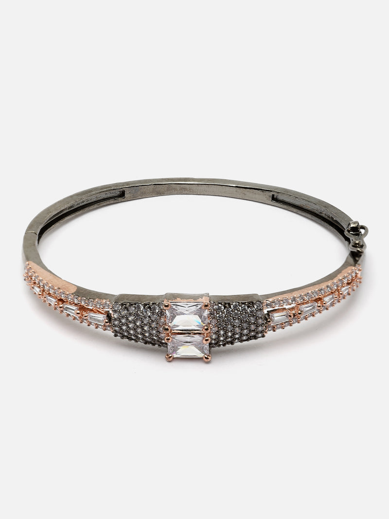 Rose Gold-Plated Gunmetal Toned White Square Shape American Diamond Studded Kada Bracelet