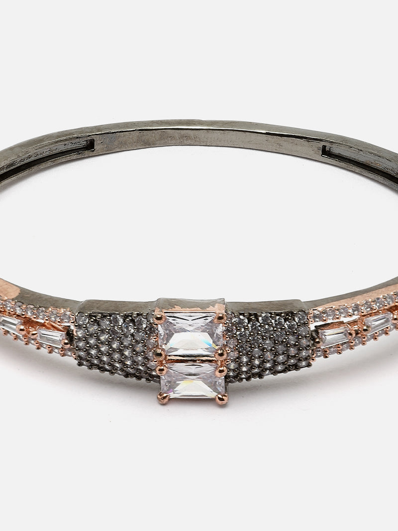 Rose Gold-Plated Gunmetal Toned White Square Shape American Diamond Studded Kada Bracelet