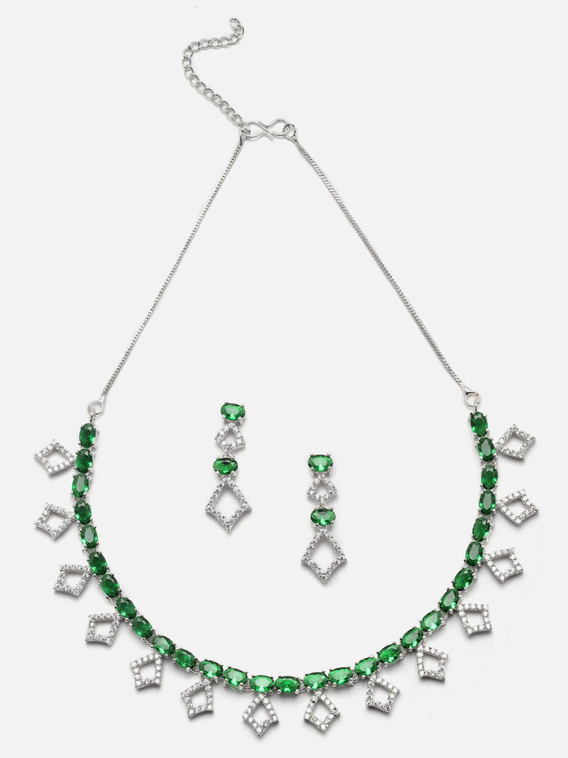 Rhodium-Plated Silver Toned Rectangle Green American Diamond Studded Necklace Earrings Jewellery Set