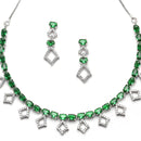 Rhodium-Plated Silver Toned Rectangle Green American Diamond Studded Necklace Earrings Jewellery Set