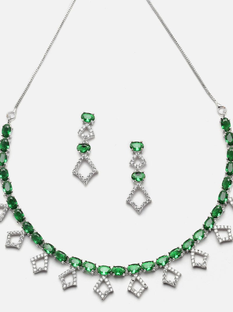 Rhodium-Plated Silver Toned Rectangle Green American Diamond Studded Necklace Earrings Jewellery Set