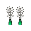 Rhodium-Plated Silver Toned Teardrop & Flower Green AD Studded Necklace with Earrings Jewellery Set