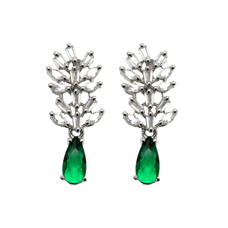 Rhodium-Plated Silver Toned Teardrop & Flower Green AD Studded Necklace with Earrings Jewellery Set