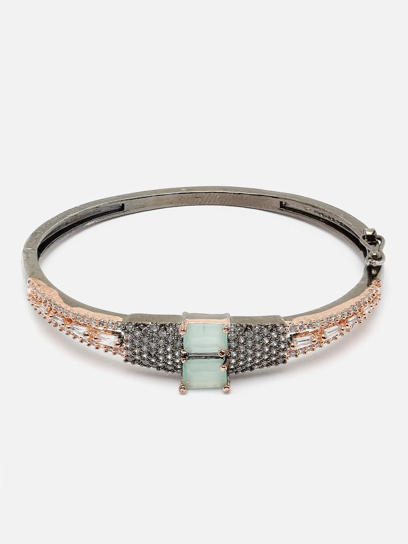 Rose Gold-Plated Gunmetal Toned Sea Green Square Shape American Diamond Studded Kada Bracelet