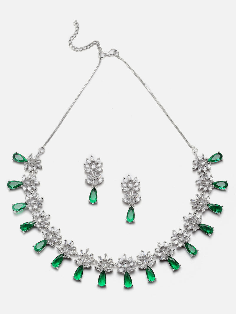 Rhodium-Plated Silver Toned Teardrop & Flower Green AD Studded Necklace with Earrings Jewellery Set