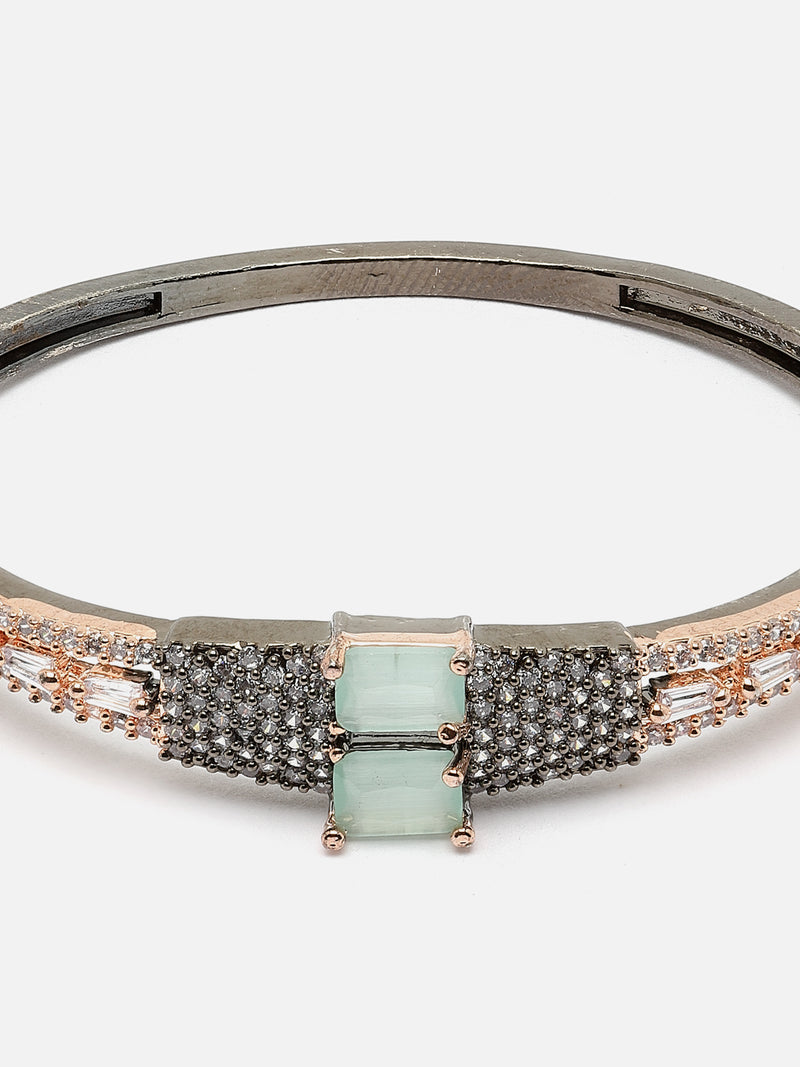 Rose Gold-Plated Gunmetal Toned Sea Green Square Shape American Diamond Studded Kada Bracelet