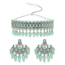 Silver-Plated Sea Green Cubic Zirconia Studded Necklace with Earrings Jewellery Set