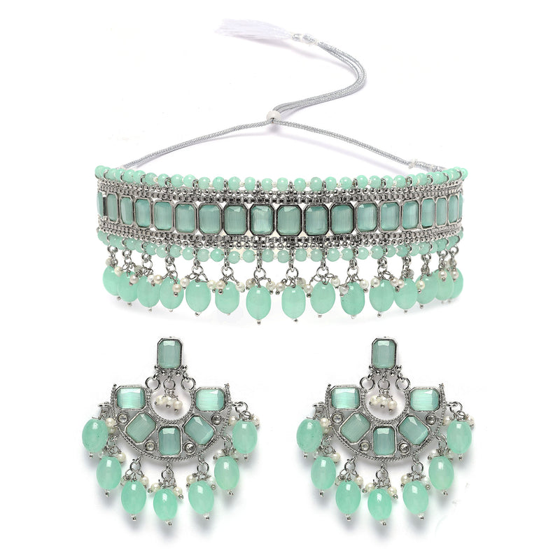 Silver-Plated Sea Green Cubic Zirconia Studded Necklace with Earrings Jewellery Set