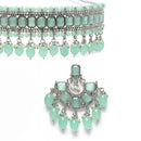 Silver-Plated Sea Green Cubic Zirconia Studded Necklace with Earrings Jewellery Set
