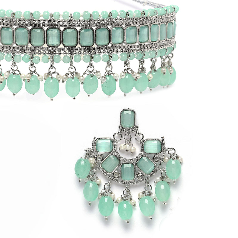 Silver-Plated Sea Green Cubic Zirconia Studded Necklace with Earrings Jewellery Set