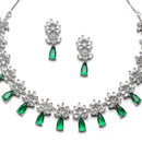 Rhodium-Plated Silver Toned Teardrop & Flower Green AD Studded Necklace with Earrings Jewellery Set