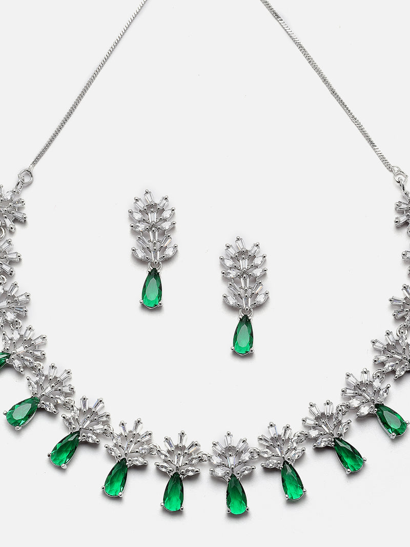 Rhodium-Plated Silver Toned Teardrop & Flower Green AD Studded Necklace with Earrings Jewellery Set